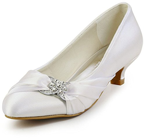 Elegantpark EP2006L Chaussure Mariage Femme Bout Rond Escarpins Femme Petit Talon Satin Plisse Strass Chaussures Mariée Ivoire 40