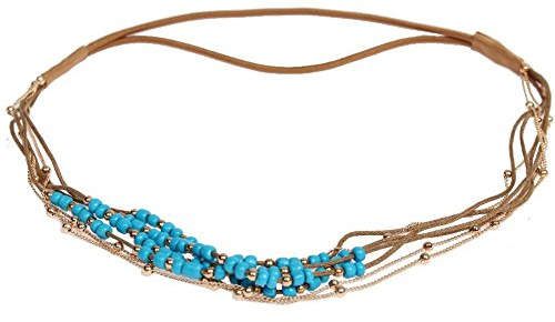 JUSTFOX - Haarband Boheme Hippie Style mit farbigen Perlen und Goldener Kette Blau