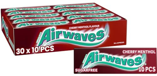 Airwaves Chewing Gum Cherry Menthol, 30 Packs of 10 Pieces, Sugar Free Chewing Gum Bulk Pack with Menthol Freshness (300 pieces)
