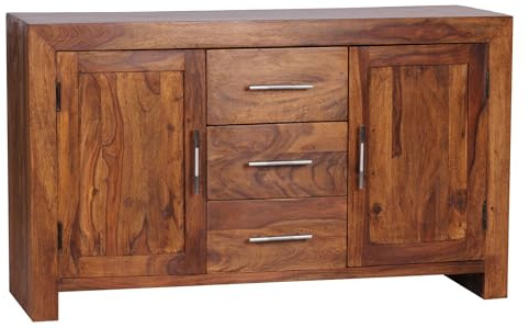 Wohnling Sideboard Massivholz Sheesham Kommode 118 cm 3 Schubladen 2 Türen Design Highboard Landhaus-Stil braun Natur