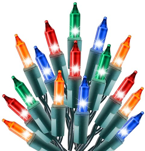 Holiday Essence - Multi Color Christmas String Lights, 100 Incandescent 20 Feet Green Wire For Indoor & Outdoor Waterproof Christmas Tree Lights, Static & Flashing Twinkle Function Connectible Plug in