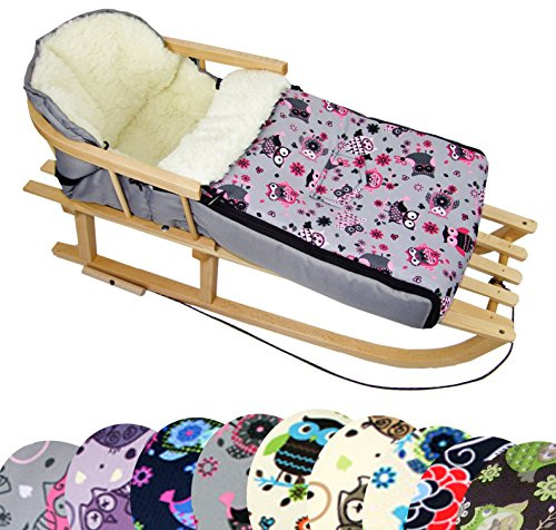 BambiniWelt Kombi-erbjudande träsläde med ryggstöd och draglina universell vinter fotväska (90 cm), även lämplig för barnskål, barnvagn, buggy, av ull i uggledesign (uggla §12)