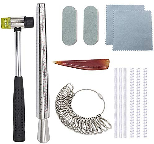 Niupika Ringmaß-Dorn-Set zur Schmuckherstellung inklusive Juwelier-Gummihammer, Fingermaß Größenangabe in UK und USA-Maßen, Ringdorn, Poliertuch, Achat-Polierer