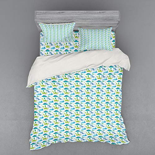 Ambesonne Dinos Duvet Cover Set, Jurassic Pattern with Cartton Dinosaurs in Modern Scandi Style Funny Print, 3 Piece Bedding Set with Sham and Fitted Sheet, Queen Size, Multicolor Lime Green