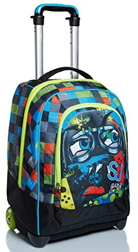 SJ Rucksack mit Trolleyfunktion, 2 in 1, Schulranzen mit Rollen, ab 1. Klasse, für Schule, Gymnasium, Reisen&Freizeit, Mädchen&Jungen, Mehrfarbig