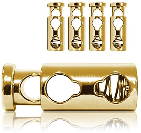 Ganzoo Kordel-Stopper Metall 4er Set in Gold, Kordel-Klemme gerade Form 2 Loch, 33 mm Länge, Ø 7 mm Öffnung, Gewicht 12 g, für Kleidung, Kapuzen, Uniformen, Zeltleinen, Festival- und Outdoor-Einsatz