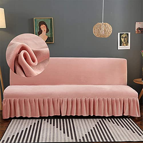 GEBIN Sofabezug Ohne Armlehnen Mit Rüschenrock, Samt Armloser Sofaüberwurf, Schlafsofa Schonbezug Stretchhusse Abdeckung Waschbar Antirutsch Für Schlafsofa Ohne Armlehnen (Rosa,L)