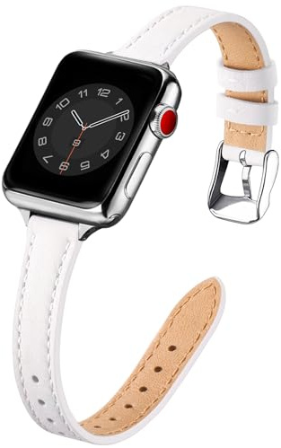 SUNFWR Slim läderarmband för Apple Watch 42 mm 41 mm 40 mm 38 mm 44 mm 45 | Smal äkta elegans läder ersättningsband tunt för iWatch Series 12/11/10/9/8/7/6/5/4/3/2/1, SE1-3 för kvinnor