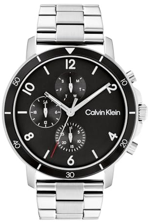 Calvin Klein Orologio Analogico Multifunzione al Quarzo da Uomo Collezione GAUGE SPORT con Cinturino in Acciaio Inossidabile Argentato - 25200067