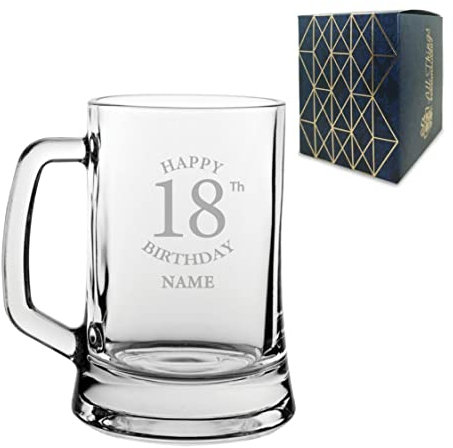 Personalised Engraved Tankard Beer Mug Stein Happy 18th Birthday Classic Design Gift Boxed, 16.75oz/495ml Classic Beer Glass, Any Name, Engraved in The UK
