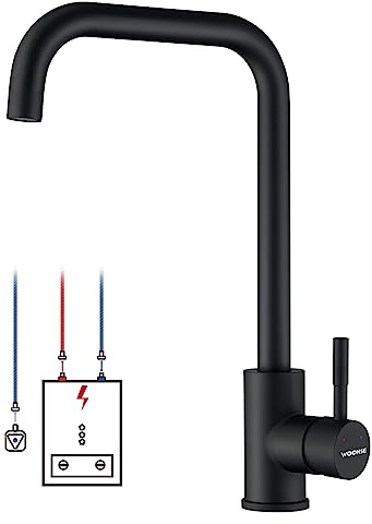 WOOHSE Niederdruck Armatur Küche Schwarz mit 3 Anschlüsse, Niederdruck Wasserhahn Küche aus Edelstahl, 360° Drehbar Niederdruck Küchenarmatur, Mischbatterie für Küche/Bad inkl. Montageset