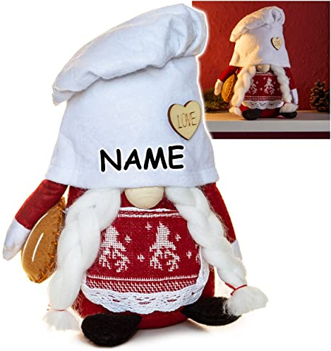 alles-meine.de GmbH lustiger Wichtel/Zwerg 21 cm groß Bäcker/Koch mit Brot - inkl. Name - für Sommer & Winter - Weihnachten - Plüschtier/Kantenhocker/Türstopper - Ko..