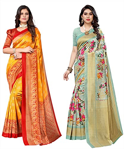 Yashika Conjunto de 2 sari con estampado de seda para mujer (MINALI MUSTARD-AIR LIGHT GREEN), Yellow13, talla �nica