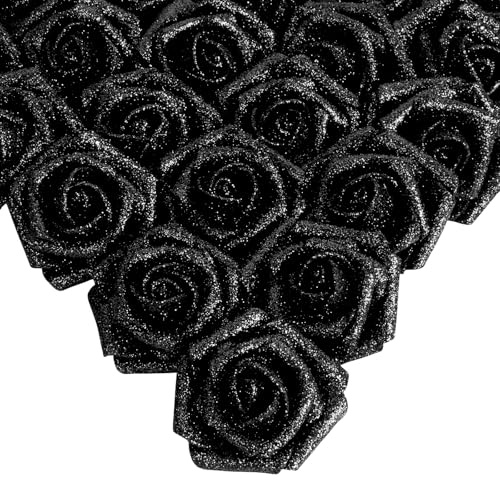 IPOPU Schwarze Glitzer-Rosen, 25 Stück Schaumstoff-Glitzer-Rosen, Glitzer-Blumen, Schaumstoff-Rosen mit Stiel für DIY Hochzeit Brautstrauß Zuhause Party Dekoration (schwarz)