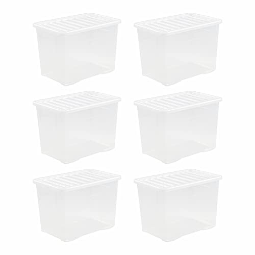 80L Large Crystal Storage Boxes with Lids Strong Plastic Stackable Nestable Container Home Office for Home, Office, Kitchen, Toys and Goods Made in the UK (Pack of 6)