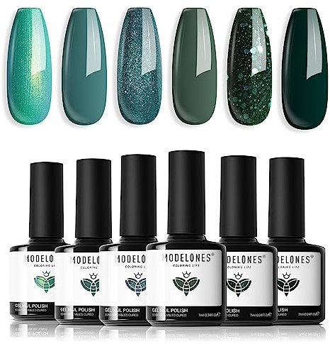 Modelones Smalto Semipermanente Unghie Verde Glitter 6 Colori Hema-free Gel Nail Art French Kit
