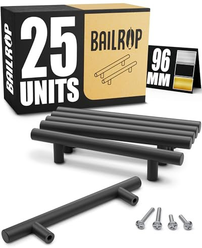BAILROP Tiradores Cocina Negros 96MM Tiradores Armario Acero Inoxidable – Tiradores para Puertas y Muebles de Cocina Negros (25 PCS)