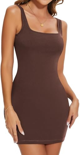SHAPERIN Sommarklänning för kvinnor, kort bodycon-tanktopp-klänning, ärmlös, ribbad figurnära miniklänning, kantig urringning, klänningar, tajt, BRUN, XL