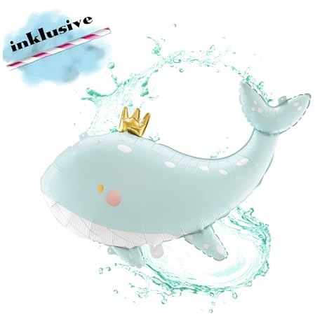 Folienballon Wal mit Krone – 78×50 cm – XXL Ballon für Helium oder Luft, wiederverwendbar – Deko zur Geburt, Babyparty, Baby Shower oder Kindergeburtstag – für Jungen & Mädchen geeignet