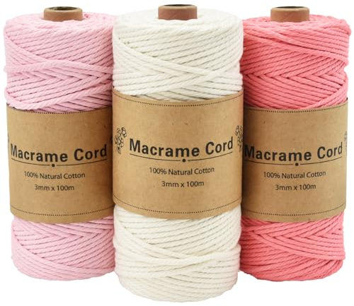 Coriver Corde Macramé 3mm, 100 m Fil Macramé, Macrame Corde Coton Macramé, Fils Macrame pour Bricolage Artisanat Tapisserie Décoration Boho Plante Suspendue Noël Emballage Cadeau (2. rose)