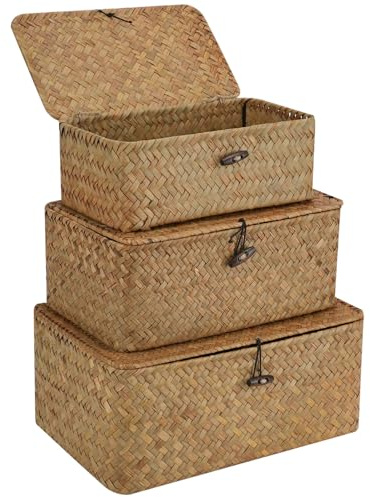 HMIEPRS 3Pcs Wicker Storage Baskets with Lids, Stackable Seagrass Storage Baskets, Natural Rattan Woven Rectangular Organizer, Laundry Basket Makeup Boxes for Toys Cosmetics Bathroom Kitchen