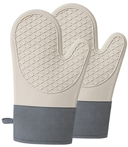 TIDTALEO Oven Mitts Heat Resistant Silicone Cotton Lined Insulated Baking Gloves Non-slip Kitchen Oven Gloves for Cooking Grill and Microwave Use, 2pcs White