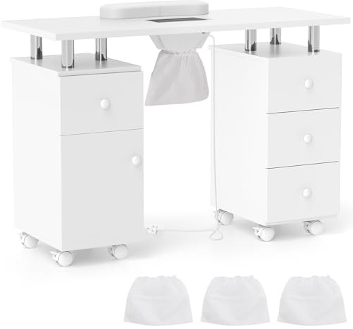 COSTWAY Mobile Manicure Table, Professional Nail Station Beauty Technician Desk with Electric Dust Collector, Wrist Rest, 4 Drawers, Cabinet and Wheels, Art Spa Salon Workstation Nail Table (White)