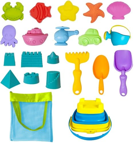 1 juego de juguetes de arena de plástico para playa, cubo de arena plegable con bolsa de malla de verano, pala, rastrillo, regadera y más herramientas de arenero para exteriores para niños pequeñ