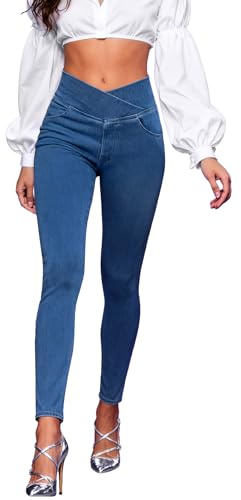 AIMILIA Crossover Jeggings for Women Tummy Control High Waist Pull On Stretchy Jeans Denim Leggings with Pockets Slimming Blue