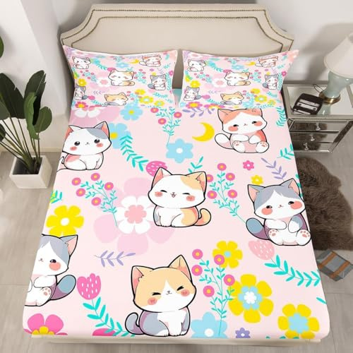 Latwerio Sabanas 90x190 Infantil Flores, 3D impresión Gato Sábana Bajera de Microfibre Suave y Cómoda, Planta Funda de Colchón Sábana con Elástica Bolsillo Profundo 30 cm, Sabanas Cama 90, S597