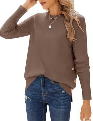 Zeagoo Pullover Damen Strickpullover Winter Langarm Rundhals Pulli Herbst Casual Damenpullover Einfarbig Gestrickt Oberteile mit Knöpfen Braun M