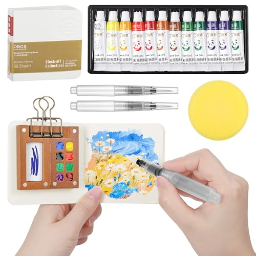 Huiguli Mini Watercolour Paint Set Travel Watercolour Set, 8 Grids Wooden Travel Paint Palette with Metal Clip and 12 Colour Watercolour, Gift for Artists, Painters and Students