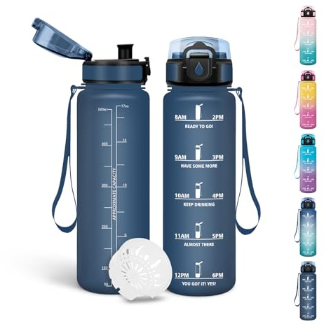 Motswedi Gourde Enfant, 500 ml Sans BPA, Gourde Anti Fuite, avec Marqueur de Temps, Bouteille d'eau, Anti-Fuite, Bouteille pour École, Fitness, Sport, Yoga, Randonnée - Bleu marine