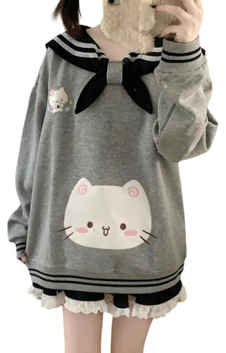 Cuteighteen Kawaii sweatshirt kvinnor sjöman krage söt kläder japansk anime katt grafiska huvtröjor tonåringar lös pullover, Grå, S