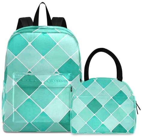 RPLIFE Bookbag - Juego de lonchera aislada e impermeable, juego de mochilas para niñas con bolsa de almuerzo, textura de azulejos turquesa y verde azulado