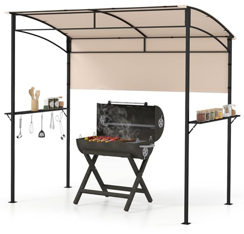 Happygrill 7.8 x 4.4 FT Grill Gazebo, Outdoor Heavy-Duty BBQ Grill Canopy w/ 2 Side Shelves, Hooks, Bottle Openers, Removable Sidewall, Sun-Protective Patio Shade Shelter for Backyard Picnic Garden