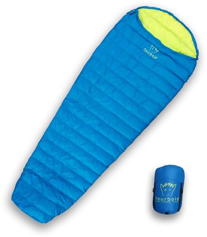 TOURBOLD® TOURBEUTEL – Ultraleichter Daunenschlafsack 550 g Koppelbar | Glow-Zipper Sommer Mumienschlafsack PFC-frei Wandern Camping Bikepacking