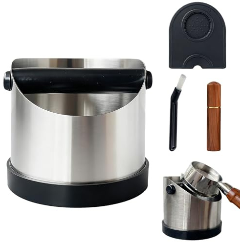 Coffee Knock Box 700ML, Stainless Steel Coffee Grounds Knock Box, Includes Coffee Brush, Distribution Tool & Tamping Mat, Shock-Absorbent Espresso Coffee Bin, Coffee Accessories (4PCS)