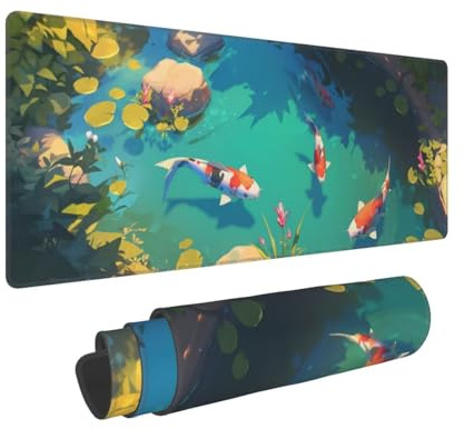 Alfombrilla Ratón XXL Gaming 1400x600x3mm, Grande Alfombrilla Ratón Carpa Koi Patrón Mouse Pad Gaming, Tapete Rato Lago Impermeable y Antideslizante Base de Goma para Decoracion Escritorio 0E-534
