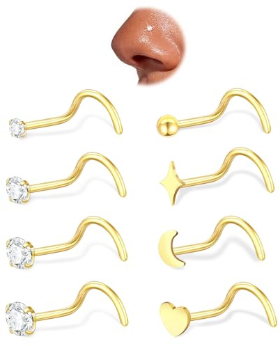 DAI JY Nasenstecker für Damen, Chirurgenstahl, goldfarben, silberfarben, L-förmig, Korkenzieher-Nasenstecker, hypoallergen, klein, 1,5/2/2,5/3 mm, Zirkonia, niedliches Herz, Stern, Mond, Kugel
