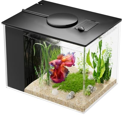Vehipa Mini Acquario Completo 3,7 L, Acquario per Betta in Acrilico con Pompa Filtro e Luce LED, Ideale per Pesci Piccoli, Gamberetti e Piante (Nero)