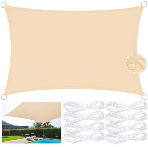 JUQG Vela Parasole Impermeabile Dell'ombrellone 4x5m, Tessuto Oxford 420D Vela Ombreggiante, Resistente ai Raggi UV 95%, Vela Ombreggiante per Piscina, Giardino, Terrazza, Parco, Campeggio - Beige