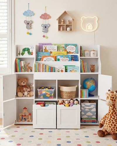 Amveya Kinder Bücherregal mit 2 Boxen Weiß Schmal Montessori Spielzeugregal für Kinderzimmer Aufbewahrung Kleiderschrank mit 8 Rollen sicherer Raumtrenner