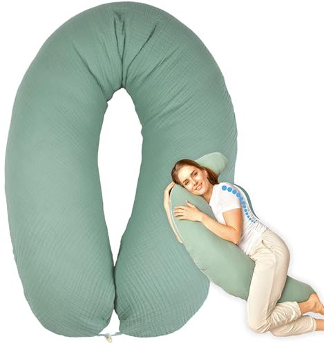 sei Design XXL Stillkissen 190x30 mit Musselin-Bezug ergonomisch, Schwangerschaftskissen Seitenschläferkissen Komfortkissen für Erwachsene, Stillkissenbezug aus 100% Baumwolle [ Bio-Baumwolle ]