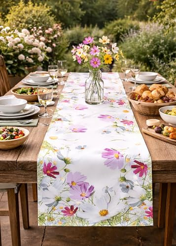 KAMACA Tischläufer Frühlingszauber – 40x140 cm Läufer mit Wiesenblumen-Print – Florale Tischwäsche für Küche & Esstisch – Waschbar & Langlebig für Indoor & geschützten Outdoor-Bereich