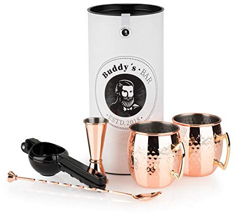 Buddy´s Bar - Moscow Mule Komplett Set, 2 x 500 ml Cocktail-Becher, 27 cm Barlöffel, 5 cl Barmaß & Schwarze Limettenpresse, lebensmittelecht, Cocktail-Tassen-Set inkl. Geschenkbox, Kupfer gehämmert