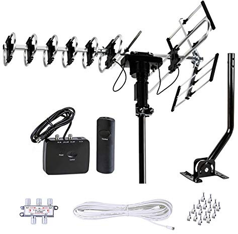 Five Star Outdoor Antenna HD TV 200 Miles Range with Motorized 360° Rotation, UHF/VHF/FM Radio with Infrared Remote Control Plus Installation Kit & Mounting Pole