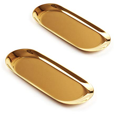 EKdirect 2pcs Gold Oval Tray Stainless Steel Cosmetics Jewelry Towel Fruit Dish Plate