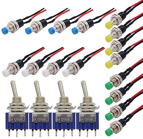 GTIWUNG 16Pcs Mini Pulsanti Temporanei 7mm, Precablato Interruttore Momentaneo, Interrurrori Pulsanti Temporanei da 1A, 250 V + 4Pcs Mini interruttore a levetta 6A 125V AC ON-ON 2 cifre 3 pin