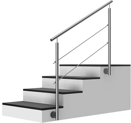 Edelstahl Treppengeländer Seitenmontage, 2m lang, 0,9m hoch, Außengeländer, je 2 Pfosten + 2 Querstreben + Handlauf mit Trägerplatten + Zubehör, Winkelverstellbar (L:2000mm H:900mm)